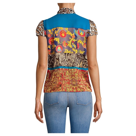 ALICE + OLIVIA Jeannie Bow-Collar Mixed-Print Button-Front Blouse - Picture 3 of 5